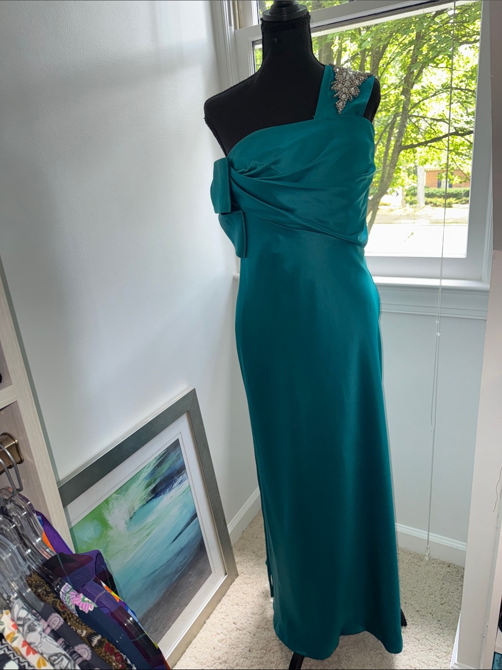 Dessy Collection Teal One-Shoulder Dress with Bow and Crystal Appliqué